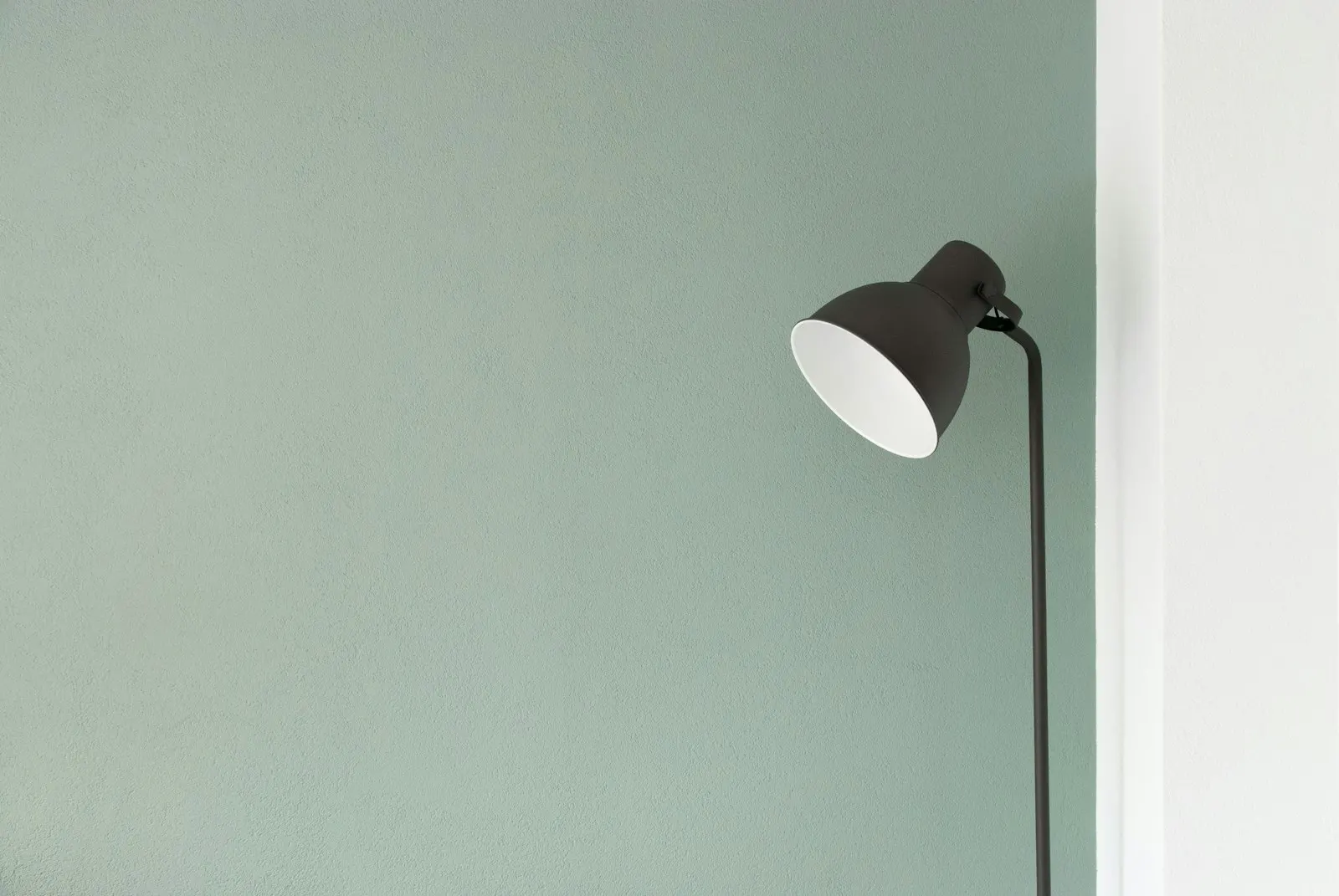 Saliegroene muur met een zwarte staande lamp