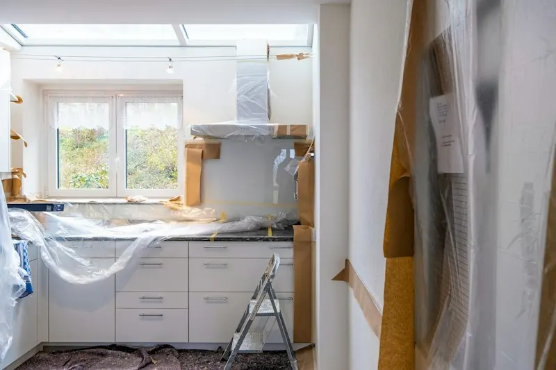 Keuken tijdens een verbouwing, met afgedekte kasten en een trapje