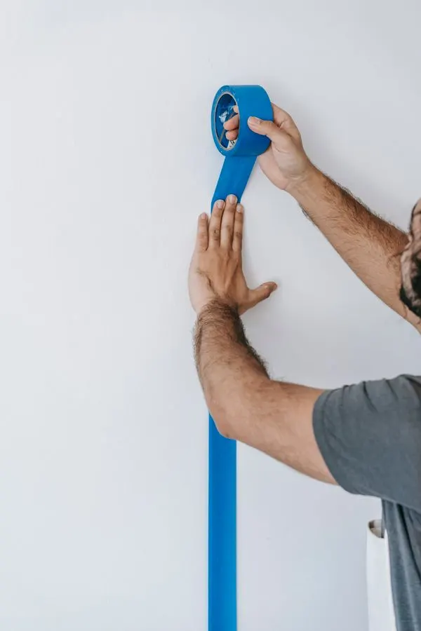 Man plakt blauwe schilderstape verticaal op een witte muur